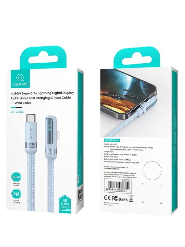 Cable de Carga Rápida para iPhone Lightning 30W Usams Tipo L con Pantalla Digital – 1.2m Antienredos