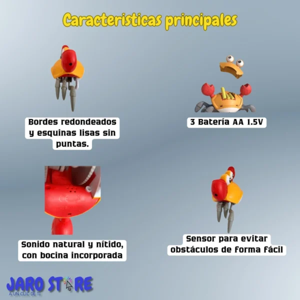 Detalles de bordes redondeados, compartimento para tres pilas AA, bocina y sensor del cangrejo de juguete.