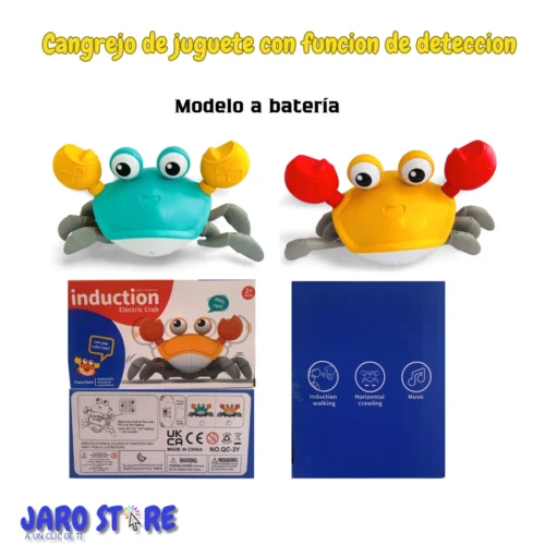Cangrejos de juguete a pilas verde y amarillo junto a su empaque y sus funciones.