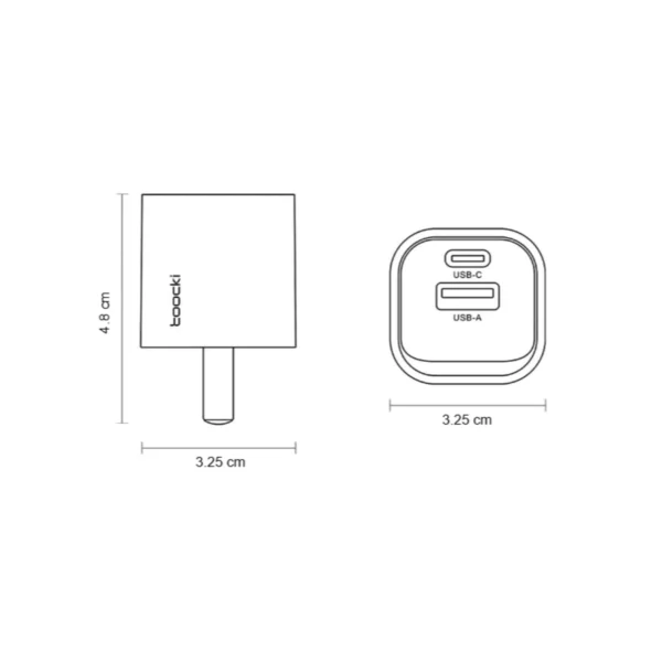 Medidas del cargador 33W GaN Toocki: 3.25 x 3.25 x 4.8 cm