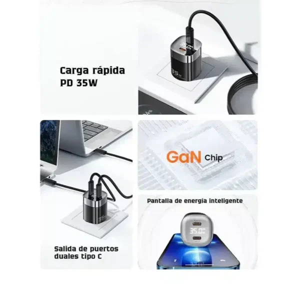 Características del cargador dual USB C 35W Toocki Características del cargador dual USB C Toocki: carga rápida PD 35W, chip GaN, dos puertos tipo C y pantalla de energía