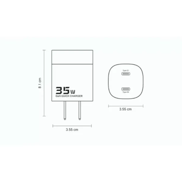 Medidas del cargador dual USB C 35W Toocki Medidas del cargador dual USB C 35W Toocki: 3.55 x 3.55 cm y 8.1 cm de alto con enchufe