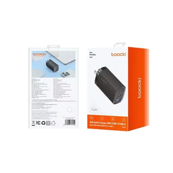 Empaque del cargador 65W GaN Toocki Caja del cargador 65W GaN Toocki 2 USB-C + USB-A