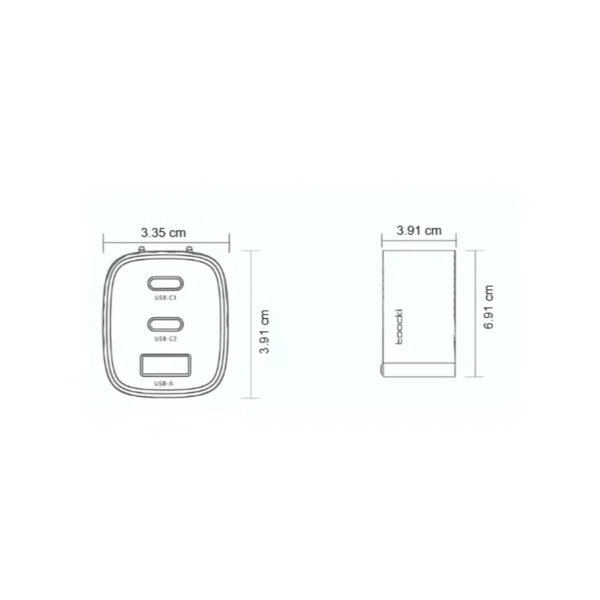 Medidas del cargador 65W GaN Toocki Medidas del cargador 65W GaN Toocki: 3.35 x 3.91 x 6.91 cm