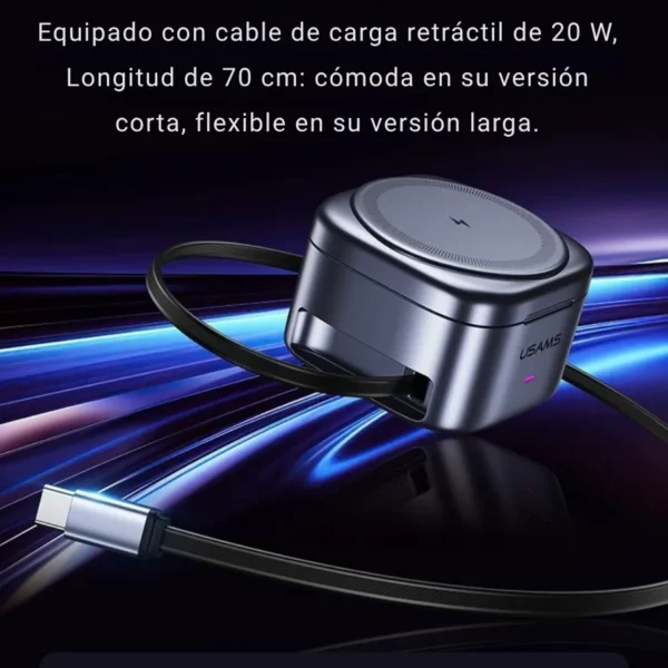 Cable de carga retráctil USB-C de 20W y 70 cm del cargador inalámbrico 3 en 1 Usams CD257