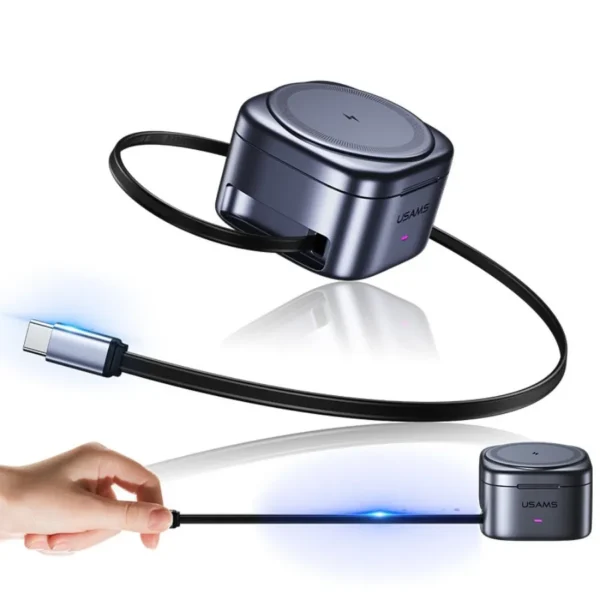 Cargador inalámbrico 3 en 1 Usams CD257 cerrado con cable USB-C retráctil extendido