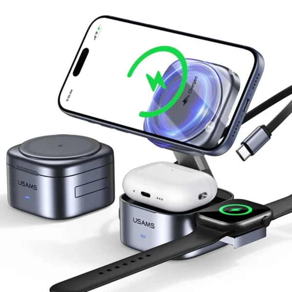Cargador MagSafe 3 en 1 Usams CD257 con carga magnética Qi2 cargando iPhone en horizontal, AirPods y Apple Watch
