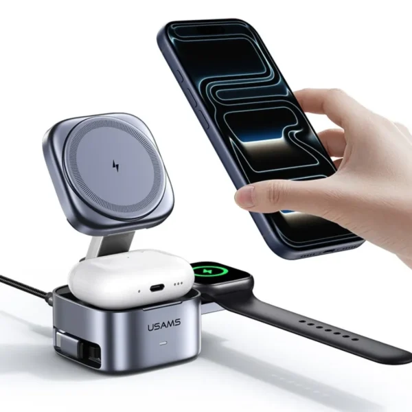 Cargador 3 en 1 para iPhone Usams CD257 cargando Apple Watch y AirPods mientras se coloca un iPhone