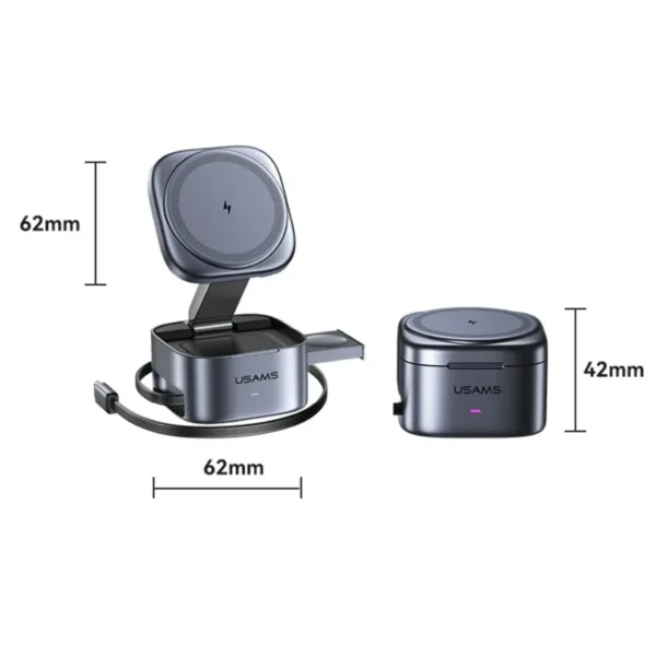 Medidas del cargador inalámbrico 3 en 1 Usams CD257: 62 x 62 mm y 42 mm de alto cerrado
