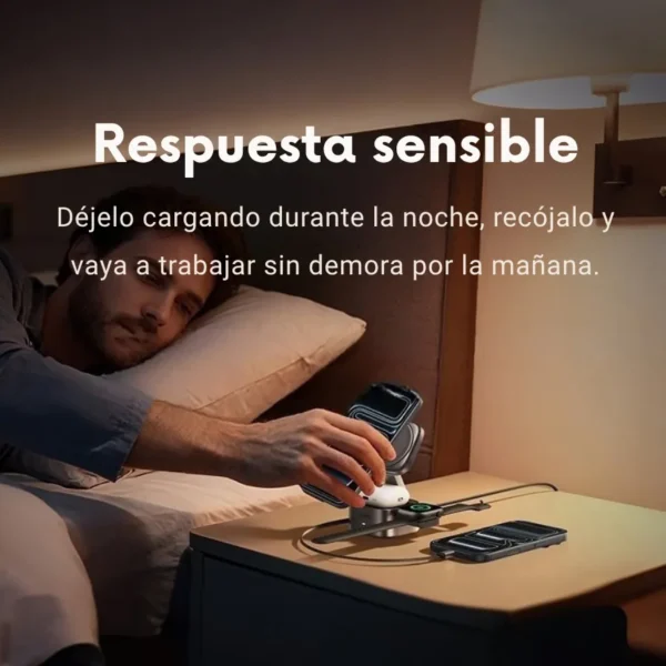 Cargador inalámbrico 3 en 1 Usams CD257 en la mesa de noche cargando iPhone, AirPods y Apple Watch durante la noche