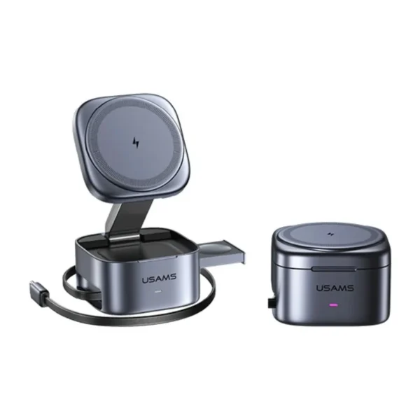 Cargador inalámbrico 3 en 1 Usams CD257 plegable, abierto con soporte magnético y cerrado como cubo compacto