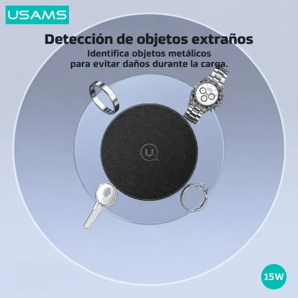 Detección de objetos extraños del cargador Usams CD223 Cargador inalámbrico Usams CD223 con detección de objetos metálicos como llaves, anillos y relojes