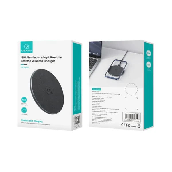 Empaque del cargador inalámbrico Usams CD223 Empaque original del cargador inalámbrico Usams US-CD223 15W Aluminum Alloy Ultra-thin