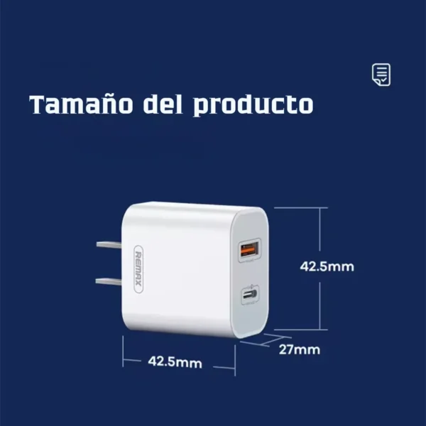 Cargador Remax RP-U68 tamaño del producto Tamaño del cargador Remax RP-U68 de 4.25 x 4.25 x 2.7 cm
