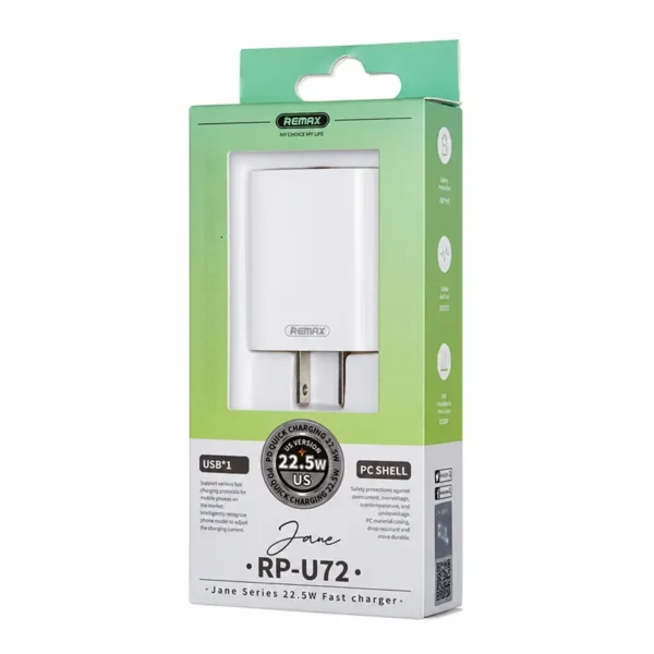 Cargador Remax RP-U72 22.5W empaque original serie Jane Empaque original del cargador Remax RP-U72 serie Jane de 22.5W con un puerto USB