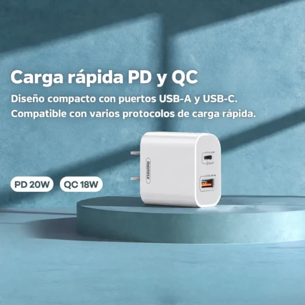 Cargador tipo C 30W Remax RP-U82 con carga rápida PD y QC en puertos USB-A y USB-C