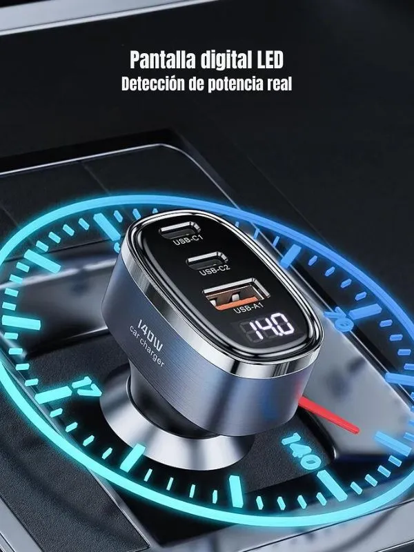 🔌 Cargador para Auto Toocki 140W con Carga Rápida USB-C y Pantalla LED – Triple Puerto para Celular, Tablet y Laptop