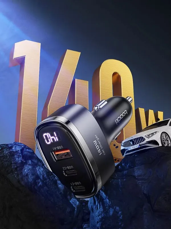 🔌 Cargador para Auto Toocki 140W con Carga Rápida USB-C y Pantalla LED – Triple Puerto para Celular, Tablet y Laptop