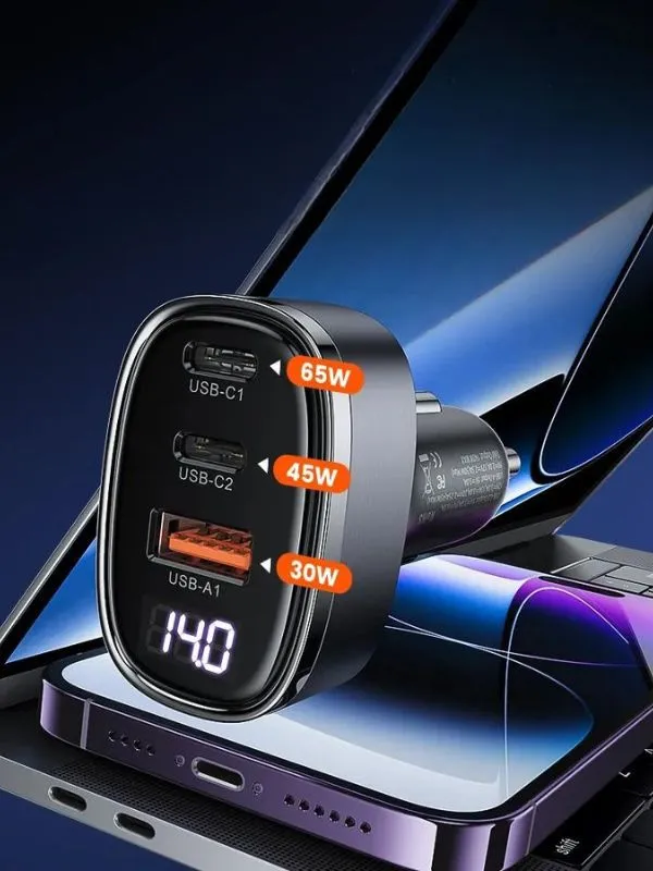 🔌 Cargador para Auto Toocki 140W con Carga Rápida USB-C y Pantalla LED – Triple Puerto para Celular, Tablet y Laptop