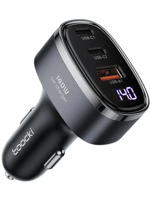 🔌 Cargador para Auto Toocki 140W con Carga Rápida USB-C y Pantalla LED – Triple Puerto para Celular, Tablet y Laptop