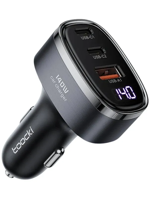 🔌 Cargador para Auto Toocki 140W con Carga Rápida USB-C y Pantalla LED – Triple Puerto para Celular, Tablet y Laptop