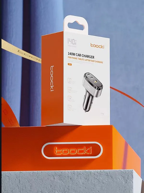 🔌 Cargador para Auto Toocki 140W con Carga Rápida USB-C y Pantalla LED – Triple Puerto para Celular, Tablet y Laptop