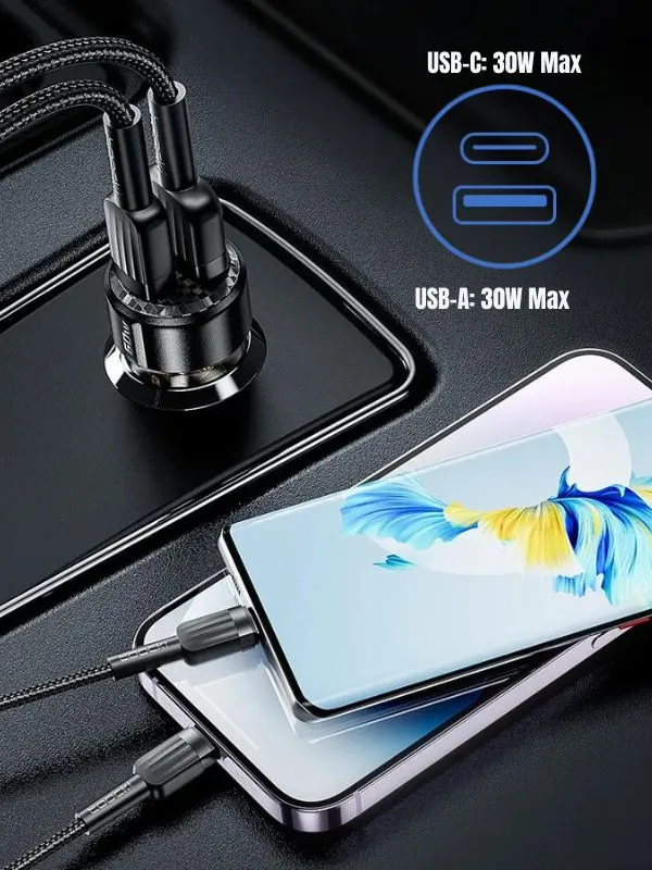 🔌 Cargador para Auto Carga Rápida 60W USB Tipo C y A Toocki | Doble Puerto QC 3.0 PD Compacto Universal