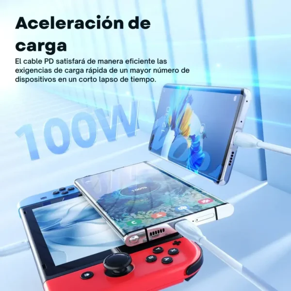 Cable Toocki USB-C a USB-C 100W cargando un dispositivo rápidamente