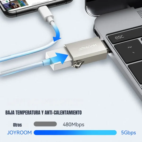 Adaptador OTG Joyroom conectando laptop y celular