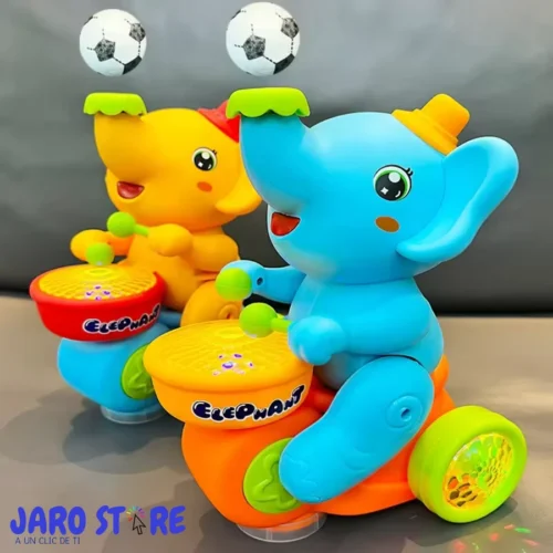 Elefantes de juguete azul y amarillo con tambor, ruedas de colores y pequeñas pelotas flotantes.