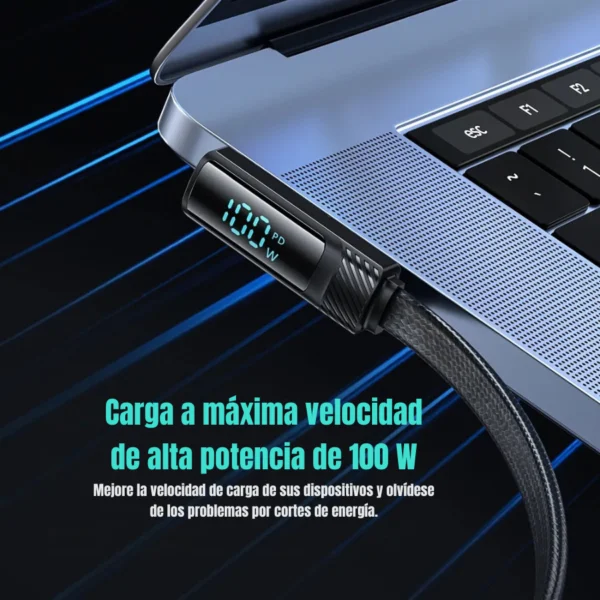 Cable Tipo-C a Tipo-C 100W Toocki cargando una laptop a máxima velocidad