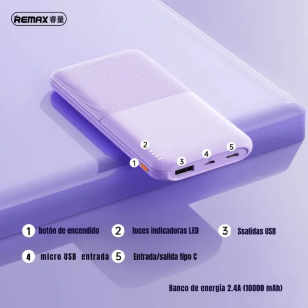 Puertos del power bank 10000mAh Remax RPP-23: botón, luces LED, salida USB, entrada Micro USB y Tipo C