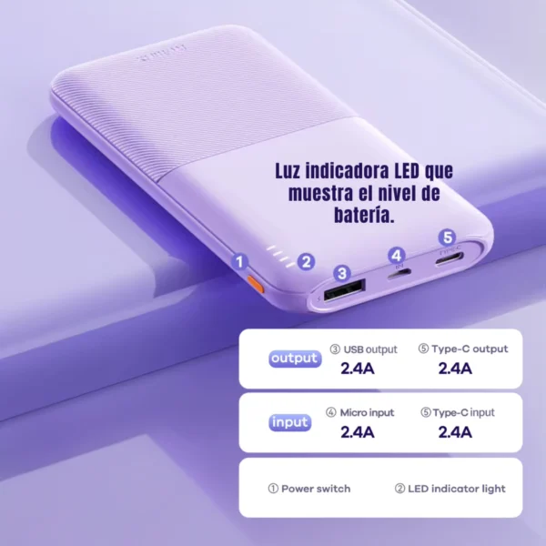 Power bank 10000mAh Remax RPP-23 con salida USB y Tipo C de 2.4A y luz LED indicadora de batería