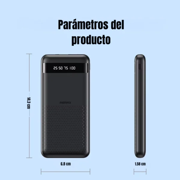 Medidas del power bank Remax RPP-10: 14.3 x 6.8 x 1.58 cm