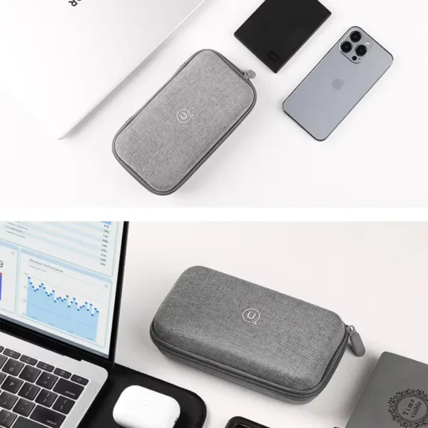 Estuche para cables Usams ZB263 sobre escritorio junto a laptop y celular