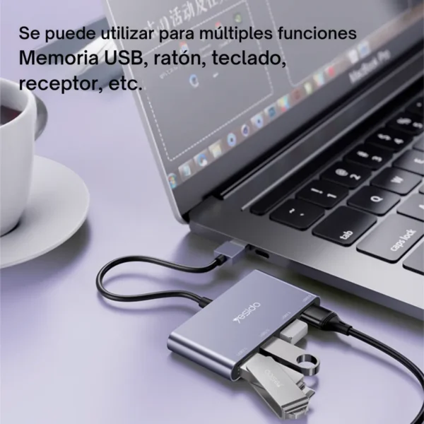 Hub USB 4 puertos Yesido HB12 con memorias USB conectadas a una laptop