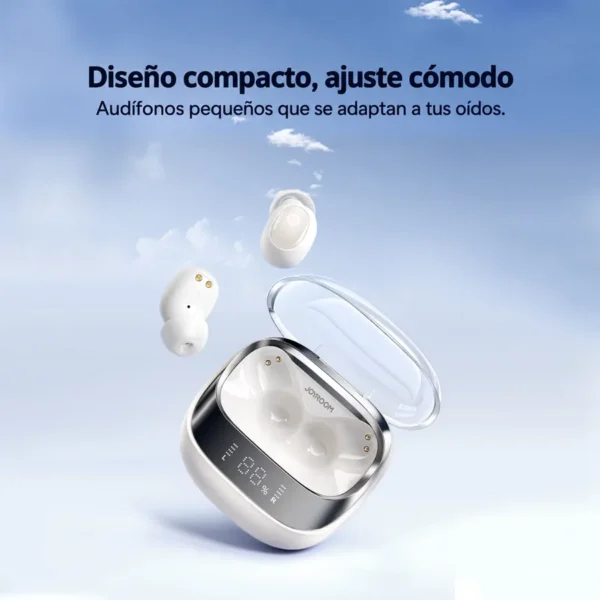 Audífonos Joyroom DB2 de diseño compacto y ajuste cómodo junto a su estuche con pantalla