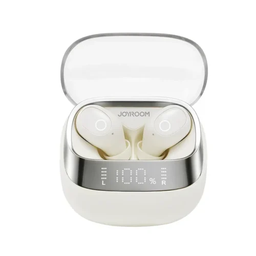 Audífonos bluetooth con pantalla Joyroom DB2 blanco Audífonos bluetooth con pantalla Joyroom DB2 en color blanco con el estuche abierto y la pantalla digital al 100 %