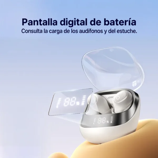 Pantalla digital del estuche Joyroom DB2 que muestra la batería de los audífonos y del estuche