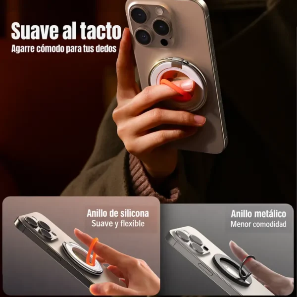 Popsocket MagSafe Joyroom ZS383 anillo de silicona Anillo de silicona suave y flexible del popsocket MagSafe Joyroom ZS383 frente a un anillo metálico