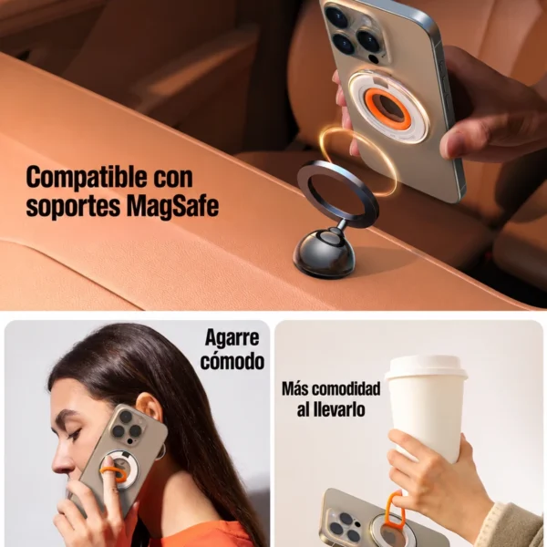 Joyroom ZS383 – Soporte MagSafe y agarre en uso Collage del Joyroom ZS383 con soporte magnético para auto, una mujer sujetando el celular y una mano llevando un vaso junto al teléfono.