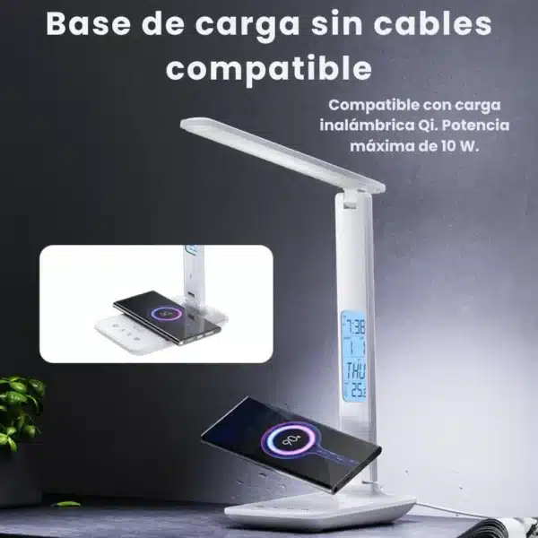 Lámpara de escritorio con cargador inalámbrico Yesido DS20 cargando un celular a 10W en su base