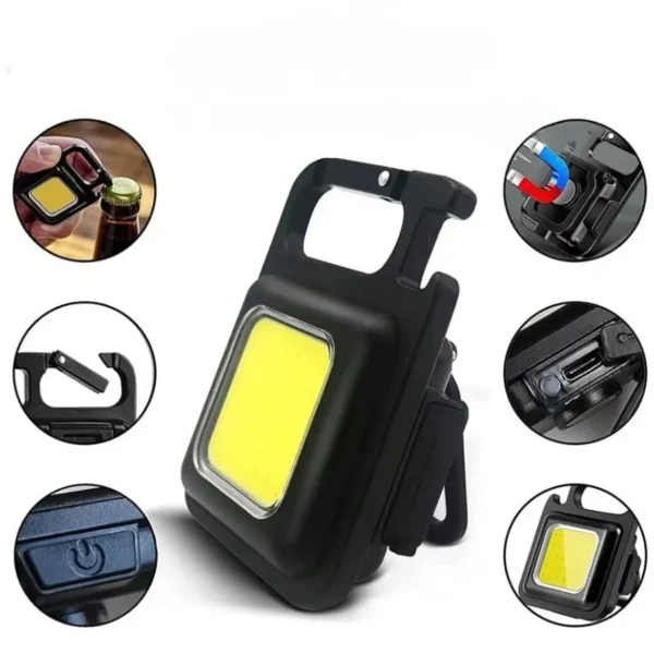 Funciones de la mini linterna LED: destapador, imán, mosquetón y carga tipo C