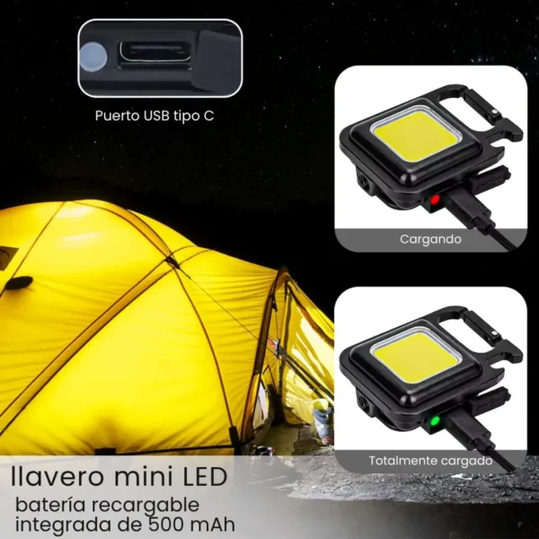 Linterna LED recargable llavero con carga tipo C y batería de 500 mAh