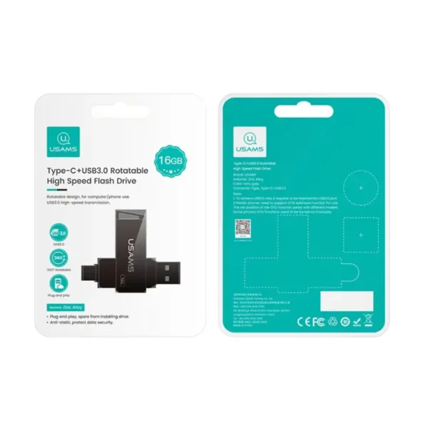 Empaque original del pendrive Usams ZB198 de 16 GB Type-C + USB 3.0 giratorio