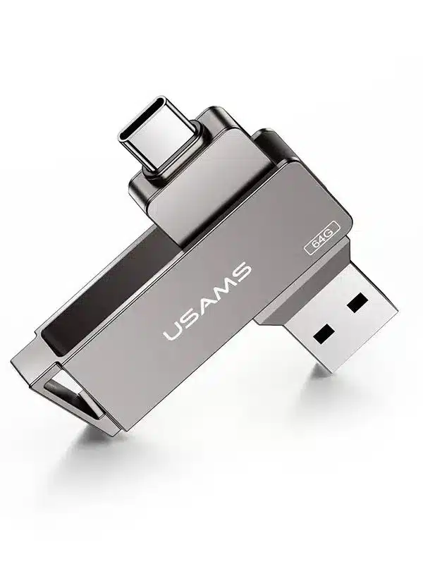 Se muestra una unidad flash USB USAMS plateada de 16 GB con conectores USB-C y USB-A, que ofrece transferencias USB 3.0 rápidas y seguras, con un conector extendido y el otro retraído.