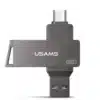 La Memoria USB Usams 16GB Tipo-C USB 3.0, diseñada para transferencias rápidas y seguras, se muestra en posición vertical con una cubierta giratoria sobre un fondo blanco.