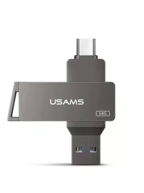 La Memoria USB Usams 16GB Tipo-C USB 3.0, diseñada para transferencias rápidas y seguras, se muestra en posición vertical con una cubierta giratoria sobre un fondo blanco.