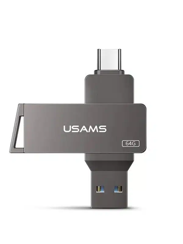 La Memoria USB Usams 16GB Tipo-C USB 3.0, diseñada para transferencias rápidas y seguras, se muestra en posición vertical con una cubierta giratoria sobre un fondo blanco.