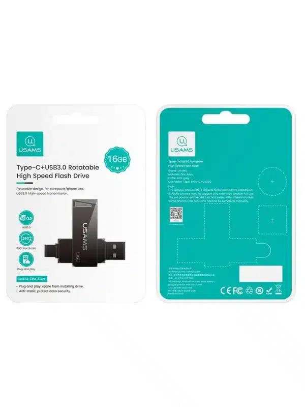 Embalaje frontal y posterior de la Memoria USB Usams 16GB Tipo-C USB 3.0 – Transferencia Rápida y Segura, mostrando imagen del producto, características y especificaciones técnicas en color blanco y verde azulado.